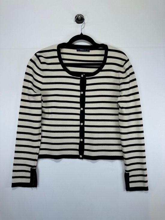 Zara Sweaters - Zara Knit Striped Cardigan Black White Pearl Button Cropped Sweater L